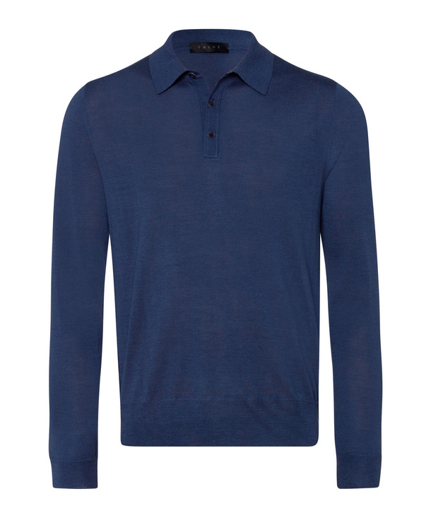 Image of FALKE Men Pullover Polo, 54, Blue, Block colour, Virgin Wool