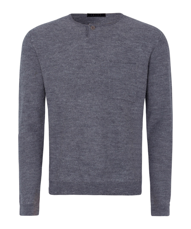 Image of FALKE Men Pullover Henley collar, 48, Grey, Structure, Virgin Wool
