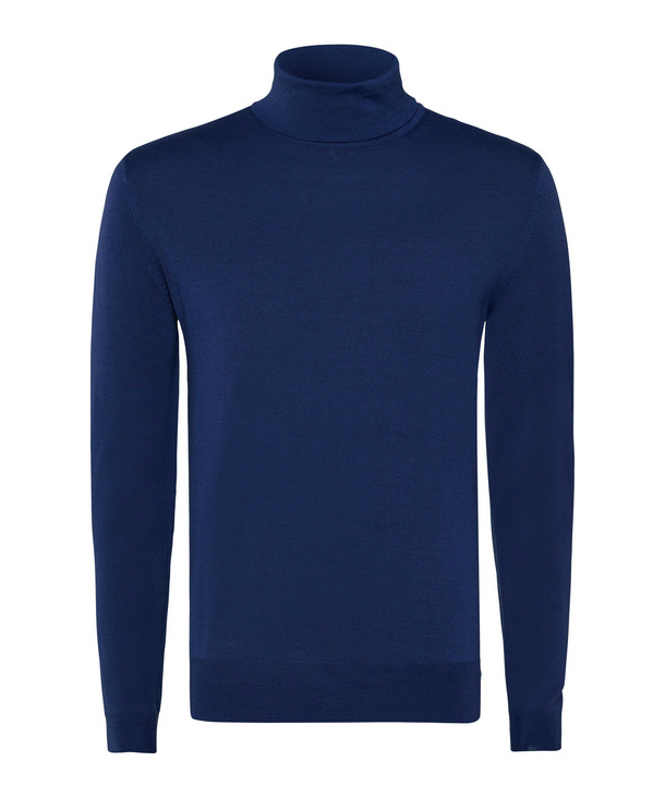 Image of FALKE Men Pullover Roll-neck, 52, Blue, Block colour, Virgin Wool