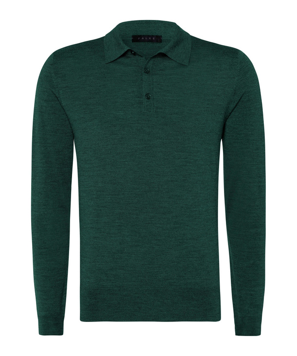 Image of FALKE Men Pullover Polo, 46, Green, Block colour, Virgin Wool