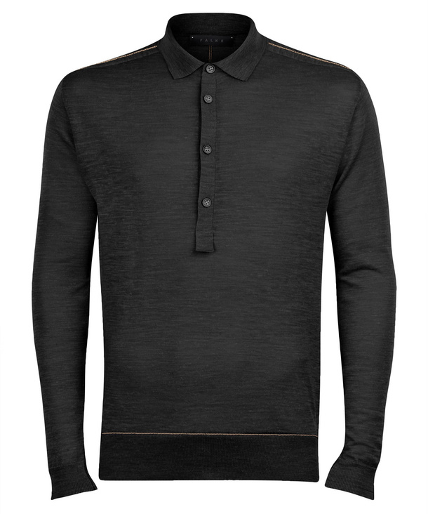 Image of FALKE Men Pullover Polo, 46, Black, Block colour, Linen