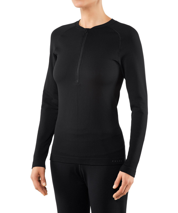 Image of FALKE Crepe Half-Zip Women Longsleeved Shirt Stand-up collar, S, Black, Block colour, Cotton