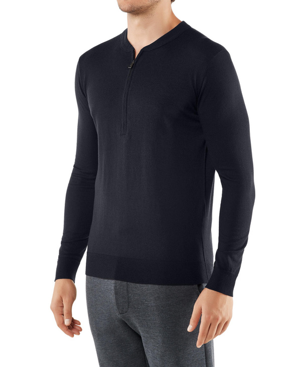Image of FALKE Men Pullover Henley collar, S, Blue, Block colour, Virgin Wool