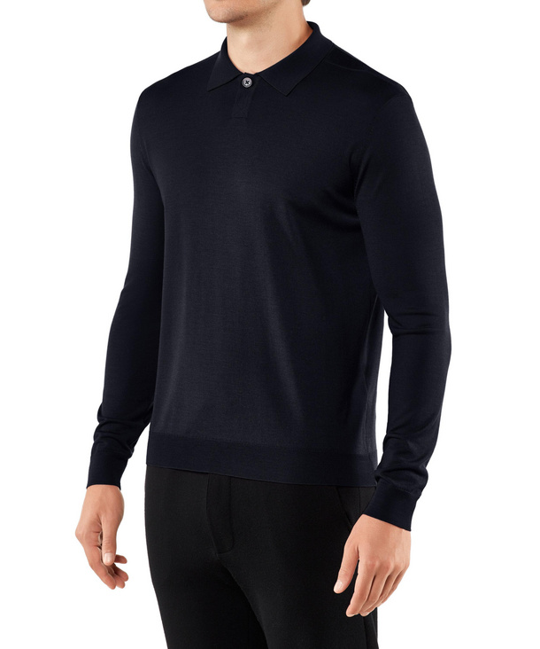 Image of FALKE Men Pullover Polo, S, Blue, Block colour, Virgin Wool