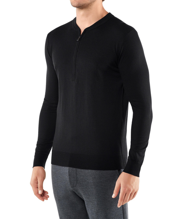 Image of FALKE Men Pullover Henley collar, XL, Black, Block colour, Virgin Wool