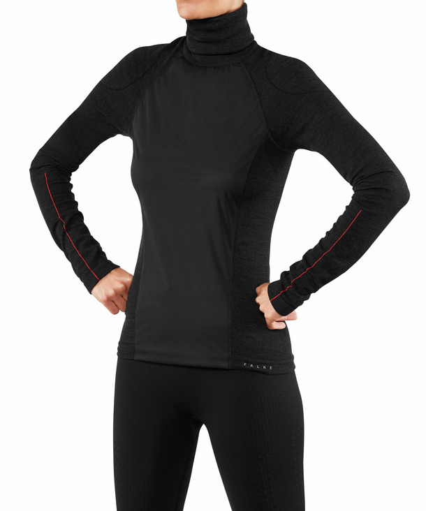 Image of FALKE Women Longsleeved Shirt Roll-neck, M-L, Black, Block colour, Virgin Wool