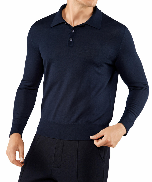 Image of FALKE Men Pullover Polo, L, Blue, Block colour, Virgin Wool