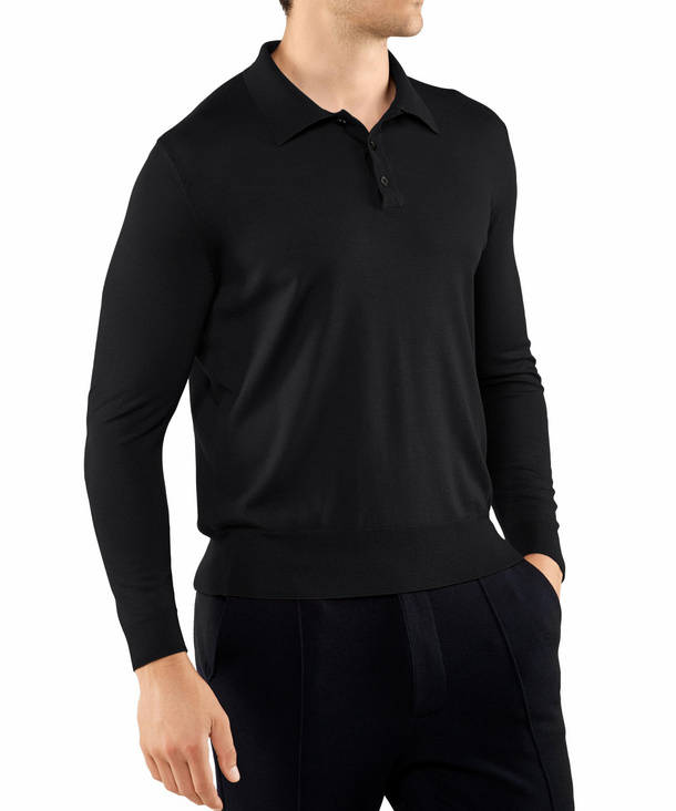 Image of FALKE Men Pullover Polo, L, Black, Block colour, Virgin Wool
