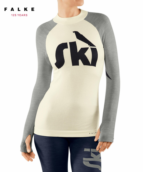 Image of FALKE Women Longsleeved Shirt, L, White, Other pattern, Virgin Wool