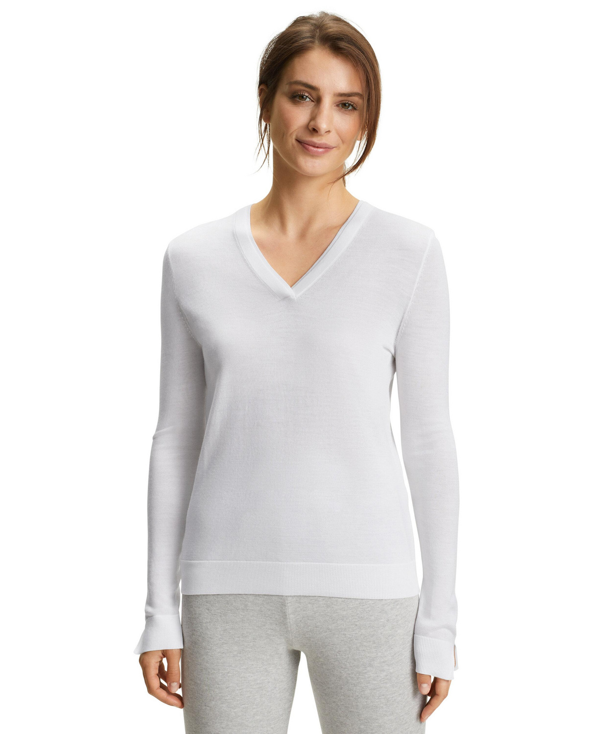 Women long sleeve Shirt V-neck (White 